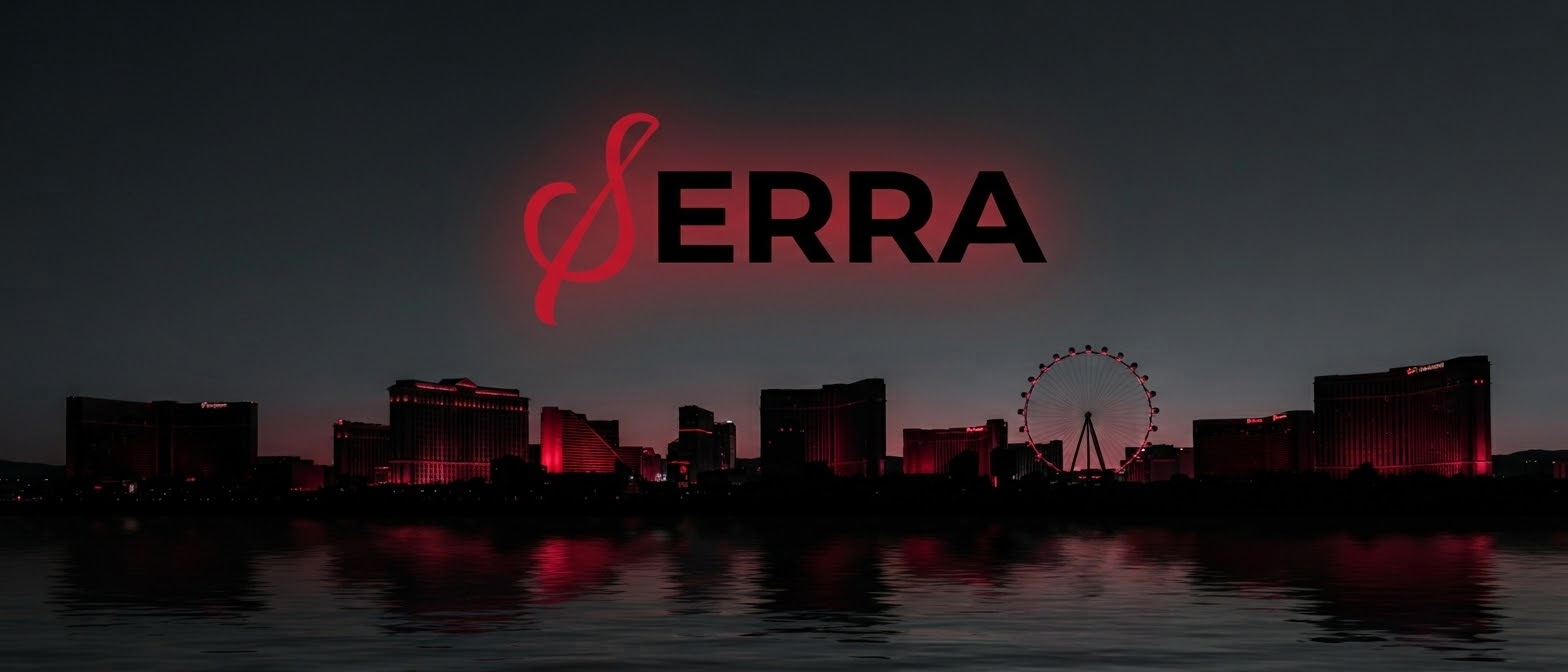 SERRA logo over Las Vegas skyline at night in crimson.